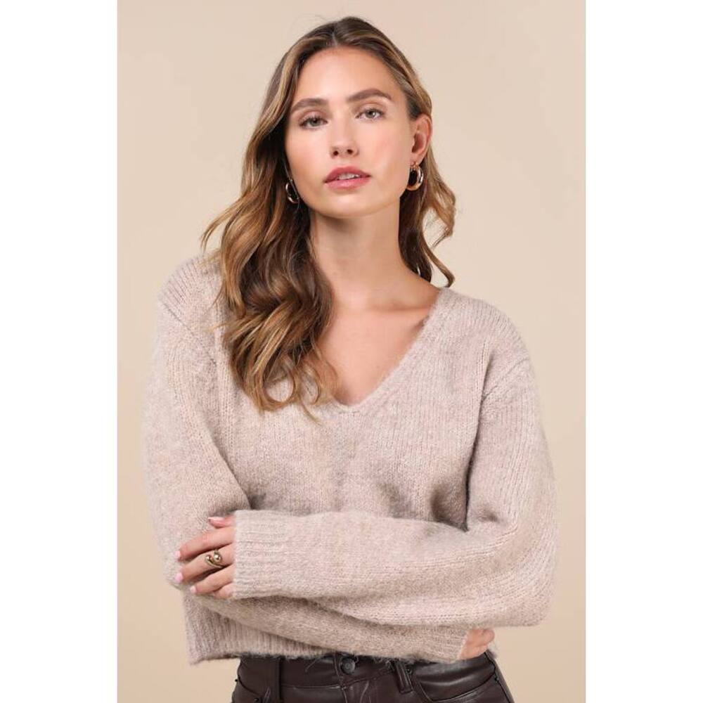 Lulus Coquette Cozy Heather Taupe Long Sleeve Bow Pullover Sweater - Size L